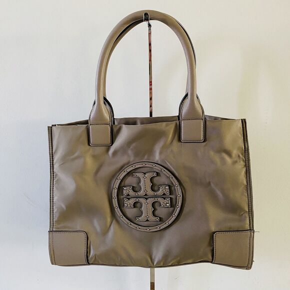 TORY BURCH Solid Tan Ella Mini Nylon Tote Bag Large Logo - Picture 1 of 10